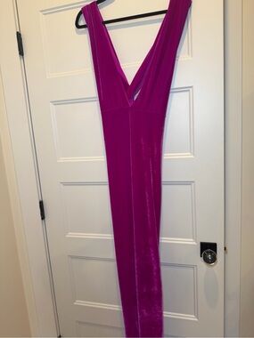 Plunging V-Neck Velvet Jumpsuit in Fuchsia